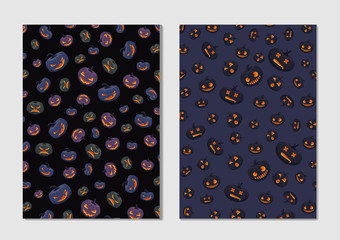 Halloween pumpkin pattern. Dark backgrounds with gourds silhouette. Jack O'Lantern vector characters.