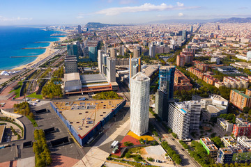 Obraz premium Barcelona, Spain - October 4, 2019: Panoramic view from the drone of residential area Diagonal Mar. Barcelona. Spain