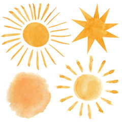 Yellow shiny sun set, watercolor hand drawn abstract illustration isolated on white background.
