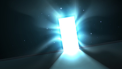 Abstract mystical glowing exit, light from the open door of a dark room, attractive hypnotic light tentacles. Open door template, mock up, background