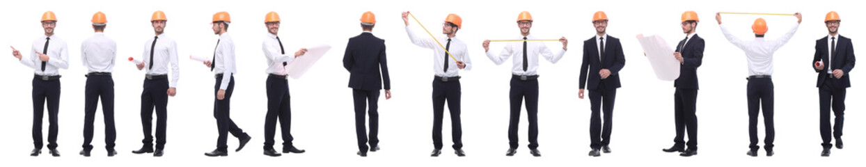 panoramic photo collage of confident architect isolated on white