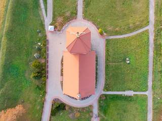 The top view of the old church in Zaslavl, Belarus. Drone aerial shot