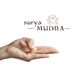 Surya mudra. Yogic hand gesture on white isolated background.