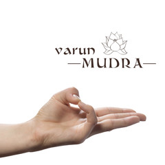Varun mudra. Yogic hand gesture on white isolated background.