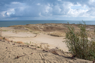 Panoramic view of sand dunes in Nida, Klaipeda, Lithuania, Europe. Curonian Spit and Curonian Lagoon, with reeds. Baltic Dunes. Unesco heritage