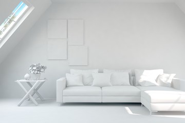 Mock up of stylish room in white color with sofa. Scandinavian interior design. 3D illustration