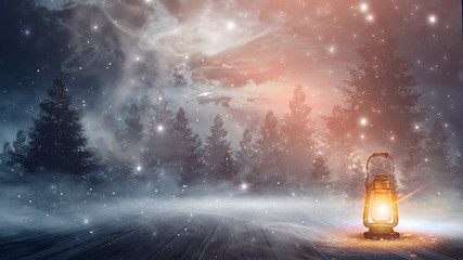  Night lamp, snow. Night scene in the open. smoke, moonlight. Winter background, snowy forest.