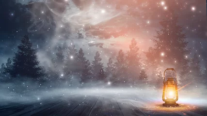Poster Nachtlamp, sneeuw. Nachtscène in de open lucht. rook, maanlicht. Winter achtergrond, besneeuwde bos. © MiaStendal