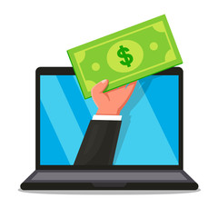 Fototapeta na wymiar a hand with a bill in hand peeks out of a laptop monitor. online purchase. Flat vector illustration.