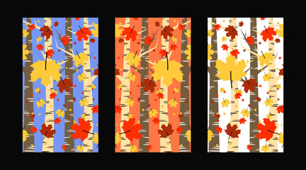 Set of Abstract Autumn Backgrounds for Social Media Stories. Multiple Color Banners with autumn fallen leaves illustration. Use for event, party, or holidays background or banner vector