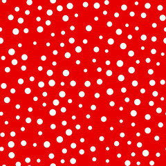 Random scattered polka dot pattern, abstract red and white background, white dots on red. © Slanapotam