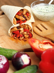 Making Tortilla with chicken and bell pepper. Series.