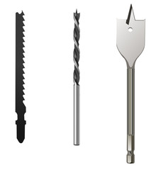 Woodworking tools: jigsaw saw, drill bit and wide pen drill. Vector illustration. Isolated objects.