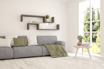 Stylish room in white color with sofa. Scandinavian interior design. 3D illustration