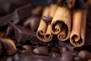 Close-up of the cinnamon sticks with coffee beans and pieces of chocolate bar in warm colors
