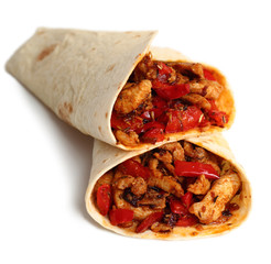 Tortilla with chicken and bell pepper. Isolated on a white backg