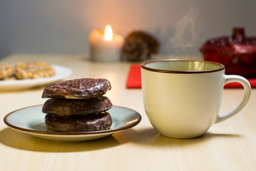 cookies, hot cup and christmas decoration