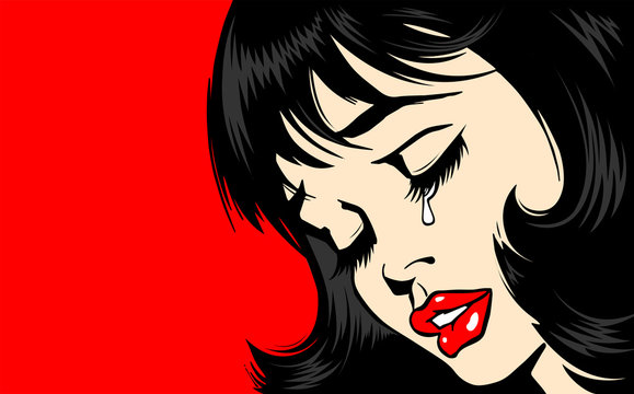 Pop Art Woman сlose-up. beautiful girl in pop art style crying. tear on the lady's face. The lush red lips of a sexy brunette. Vector. Illustration on red background. Women Health. Menstruation.