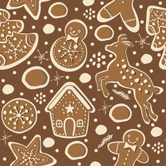 Cute Winter Seamless Pattern with gingerbread cookies.