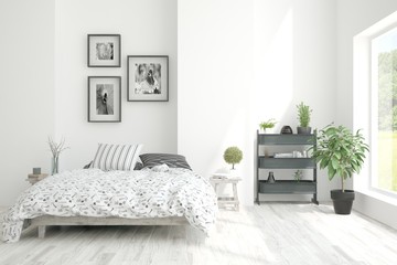 Stylish bedroom in white color. Scandinavian interior design. 3D illustration