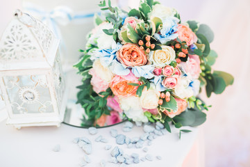 Beautiful wedding bouquet with different flowers, roses