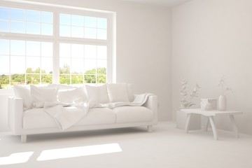 Mock up of stylish room in white color with sofa. Scandinavian interior design. 3D illustration