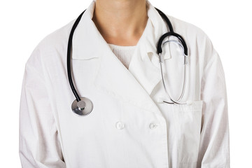 Doctor in a coat with a stethoscope isolated on white background