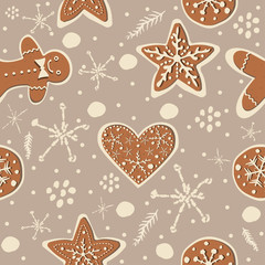 Cute Winter Seamless Pattern with gingerbread cookies.