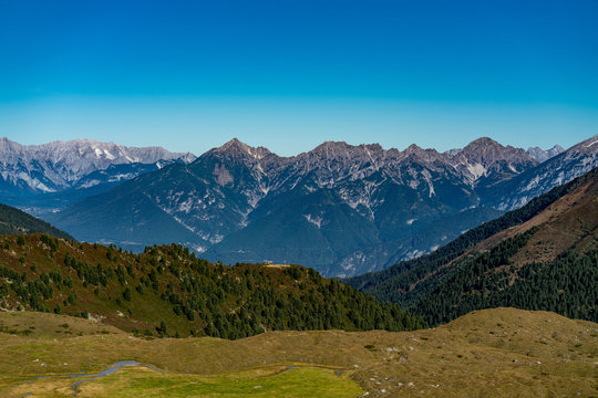 Overlooking the Senders valley to the Innsbruck mountains Inntalkette