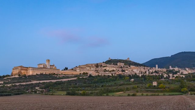 Assisi, Umbria, Italy. Basilica and church of St Franci. Landscape timelapse