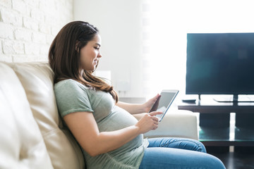 Attractive Pregnant Female Sitting With Technology At Home