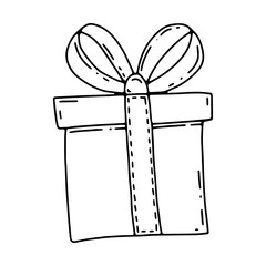 Gift box with bow at the top. The box is tied with a gift ribbon. Black and white cute icon in Doodle style for decor packages, postcards.