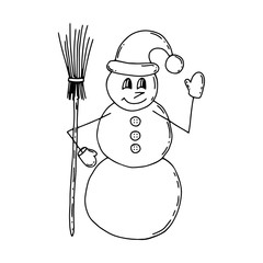 Snowman with a broom in his hand and a hat on his head. The snowman stands smiling and waving his mittened hand. Black and white cute winter illustration in Doodle style. One piece for Christmas
