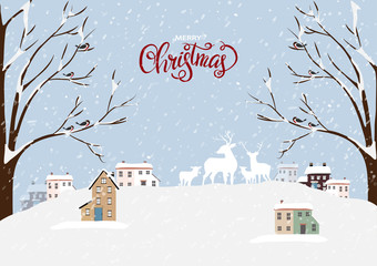 Vector Cute winter landscape with lettering Merry Christmas with rein deers family, snow covered house and birds standing on branches tree. Minimal flat design for Holiday background