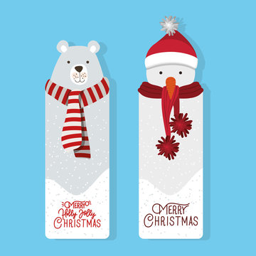 happy mery christmas card with polar bear and snowman