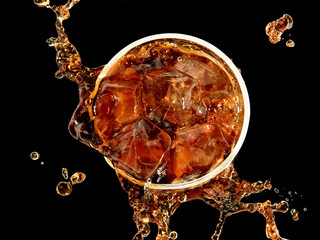 Cola with ice splash, top view