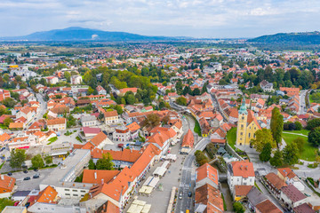 Croatia, town of Samobor, main square and church tower from drone, town skyline