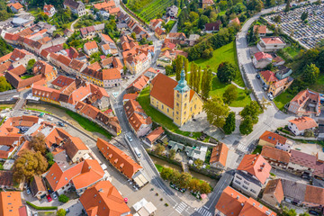 Panoramic view of the town of Samobor in Croatia from drone, old houses in city center