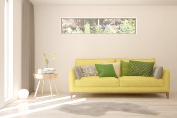 Mock up of stylish room in white color with sofa. Scandinavian interior design. 3D illustration