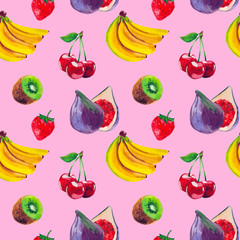watercolor fruit seamless pattern with banana, cherry, kiwi, and fig