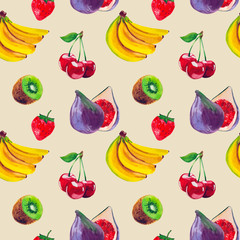 watercolor fruit seamless pattern with banana, cherry, kiwi, and fig