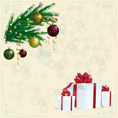 Background for Christmas card with gifts and fir twig