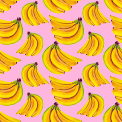 watercolor fruit seamless pattern with banana on pink background
