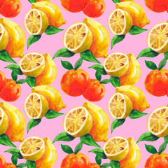 watercolor fruit seamless pattern with lemon and orange