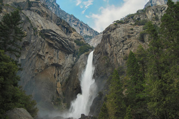 Lower Yoseimite Falls in Yosemite Valley National Park, California, USA. Near Landmarks: Tunnel View, El Capitan, Bridalveil Falls, Half Dome, Glacier Point.