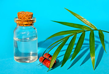 Bottle of homeopathy and pills with green leaf on blue background.