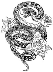 snake coiled round the roses. Angry dangerous serpent and flowers.Black and white Tattoo style or t-shirt design vector illustration