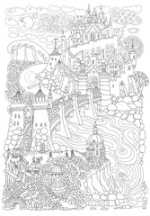 Fantasy landscape. Fairy tale castle on a hill. Fantastic garden, river, stone arch bridge. Funny horse carriage.T-shirt print. Album cover. Сhildren and adults сoloring book page. Black White