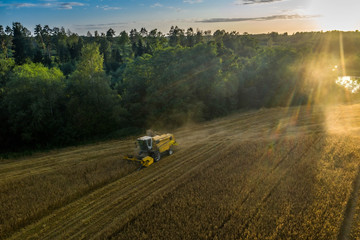 Fototapeta premium View from above. Combine harvester. Agricultural landscape.