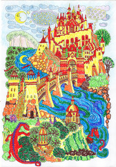 Fantasy landscape. Fairy tale yellow and red castle on a hill. Fantastic garden, blue river, stone arch bridge. Funny dragons, horse carriage. T-shirt print. Album cover. Hand painted bright colors